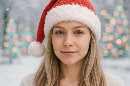Portrait of beautiful young woman in Santa hat on background of Christmas treeの素材