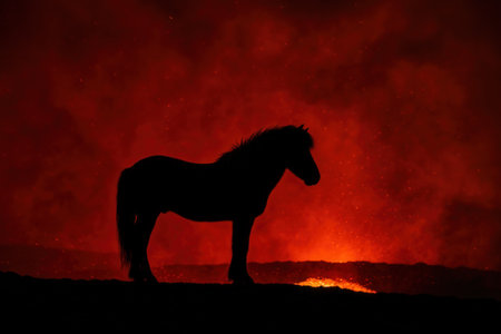 Silhouette of a horse at night on the background of a red fireの素材