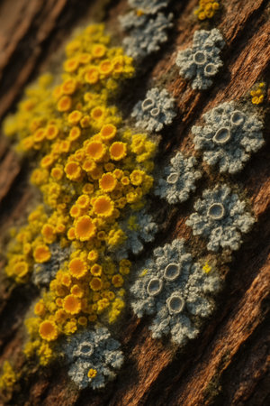 a group of yellow and blue mosses on an old wooden surfaceの素材