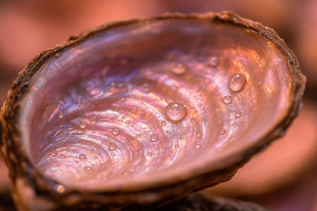 Close-up of an oyster shell with water droplets.の素材