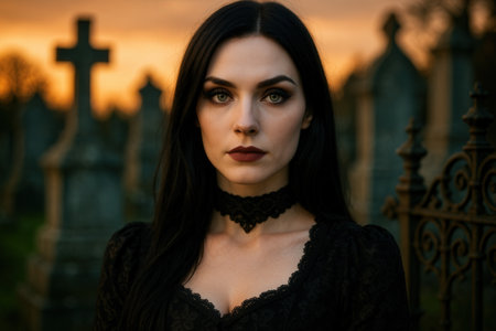 Portrait of a beautiful brunette woman in a black dress at the cemeteryの素材
