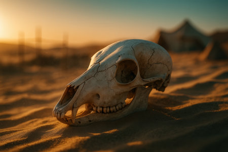 skull on the desert sand at sunsetの素材