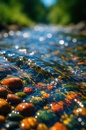 Colorful pebbles in the water of a mountain river.の素材