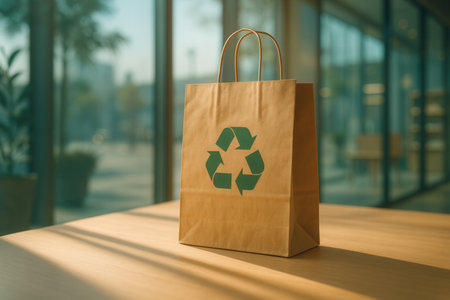 Paper shopping bag with recycle symbol on the table in the office.の素材