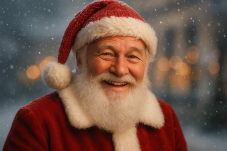 Closeup portrait of happy senior man in santa claus hatの素材
