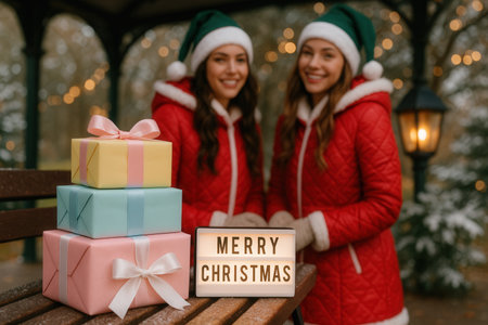 happy women in santa hats and christmas gift boxesの素材