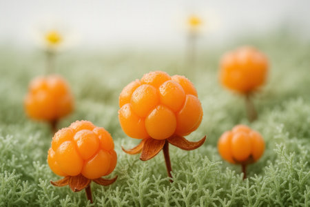 Frozen berry on green moss, close up. Nature backgroundの素材