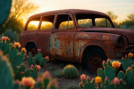 Old rusty car in the desert with blooming cactuses.の素材
