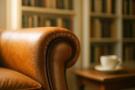 Luxury leather armchair with cup of coffee, closeupの素材