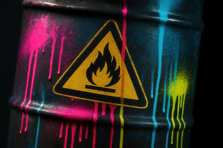 Barrel of oil with a warning sign on a black background.の素材