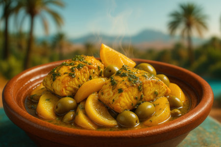 Baked chicken breast with green olives and orange in a clay bowl on the background of palm treesの素材