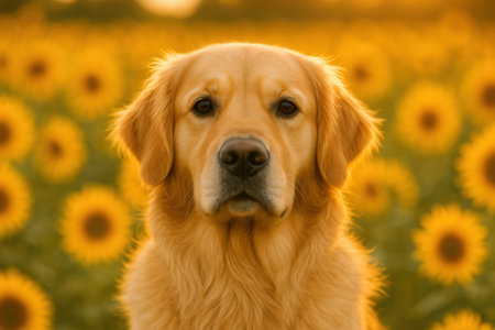 Golden Retriever dog in sunflower field.の素材