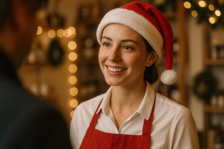 Portrait of young woman in Santa hat and apron in cafeの素材
