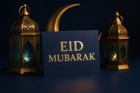 eid mubarak greeting card with lantern and crescent moonの素材