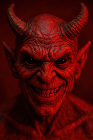 Scary red devil with horns on a red backgroundの素材