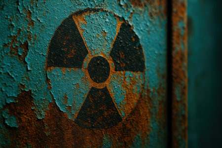 Radioactive symbol on rusty metal backgroundの素材