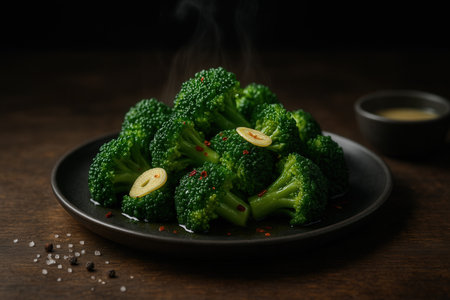 Boiled broccoli on a black plate on a dark wooden background.の素材