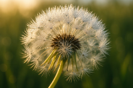 Dandelion flower close up. Dandelion seeds in the morning dew.の素材