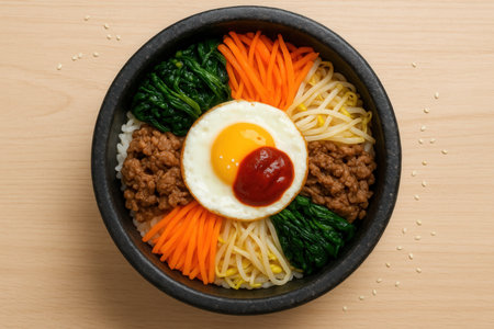 Bibimbap - Korean style noodles with vegetables and egg.の素材