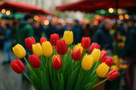 Colorful tulip flowers in the marketの素材