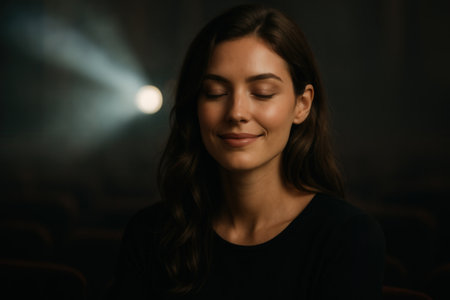Portrait of a beautiful young woman with closed eyes in the cinemaの素材