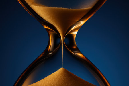 Hourglass with flowing sand on blue background. Concept of time passing.の素材