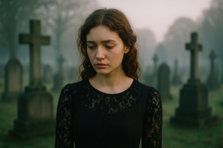 Portrait of a beautiful young woman on the background of the cemeteryの素材