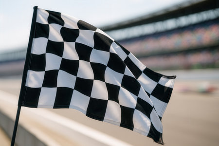 Checkered black and white flag on a race track in the summerの素材