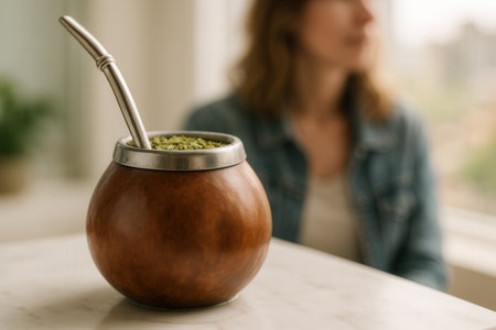 Close-up of yerba mate in wooden bowl on tableの素材