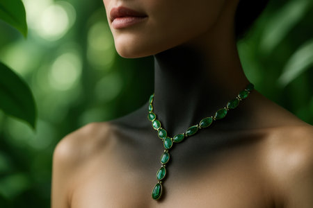 Beautiful young woman with green beads on her neck, close upの素材