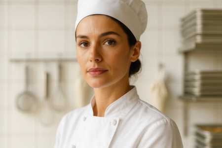 Beautiful female chef in the kitchen. Portrait of a young woman cook.の素材