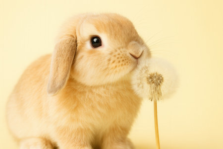 Cute rabbit with dandelion on color background. Easter conceptの素材
