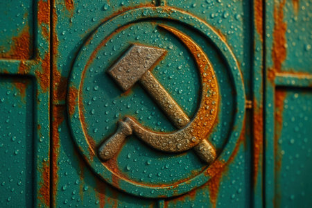 Rusty metal mail box with hammer and sickle, closeupの素材