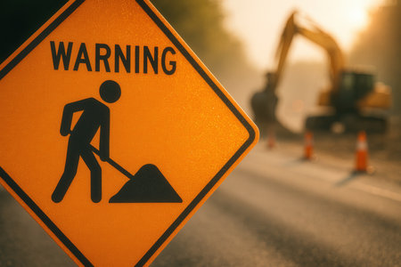 Road works sign on a road construction site. Work in progress.の素材
