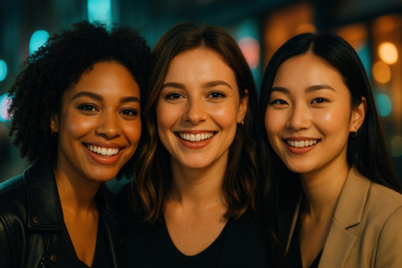 Portrait of a group of beautiful young women smiling in the cityの素材