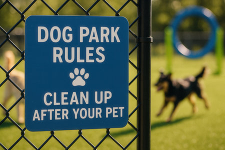Dog park sign on a chain link fence with a doggy in the backgroundの素材