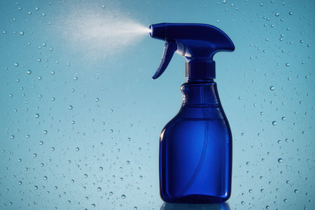 Spray bottle on blue background with water drops. Cleaning concept.の素材