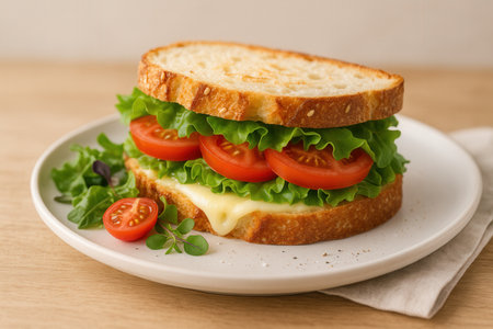 Sandwich with cheese, tomatoes and lettuce on a white plate.の素材