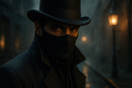 Portrait of a man in a black mask and a top hat in the rain.の素材