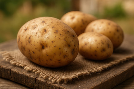 Potatoes on a wooden table in the gardenの素材