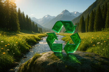 Recycling symbol in green glass against the background of mountains.の素材