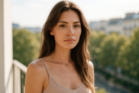 Portrait of a beautiful young woman with long brown hair standing on the balcony in the morningの素材