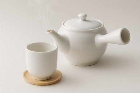 teapot and cup of tea on a white backgroundの素材