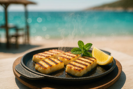 Grilled Halloumi cheese on black plate with sea and beach backgroundの素材