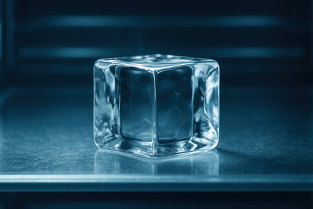 crystal cube on the table in blue tone. abstract background.の素材