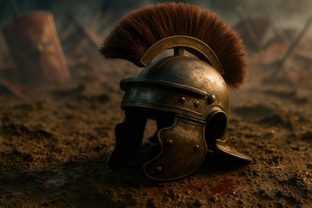 Ancient Roman helmet on the ground with smoke and fireの素材