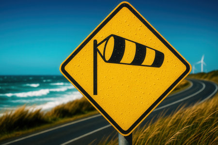warning sign on a road with windの素材
