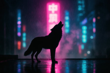Silhouette of a wolf standing in the rain on a dark background. Night scene.の素材