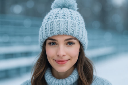 Winter portrait of a beautiful girl in a knitted hat and scarfの素材