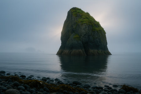 Rock in the sea in the fog at dawnの素材